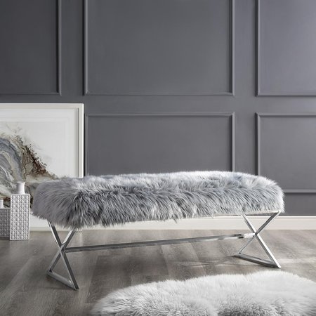 COMFORTCORRECT Colin Faux Fur X-Leg Chrome Base Bench - Grey CO2625074